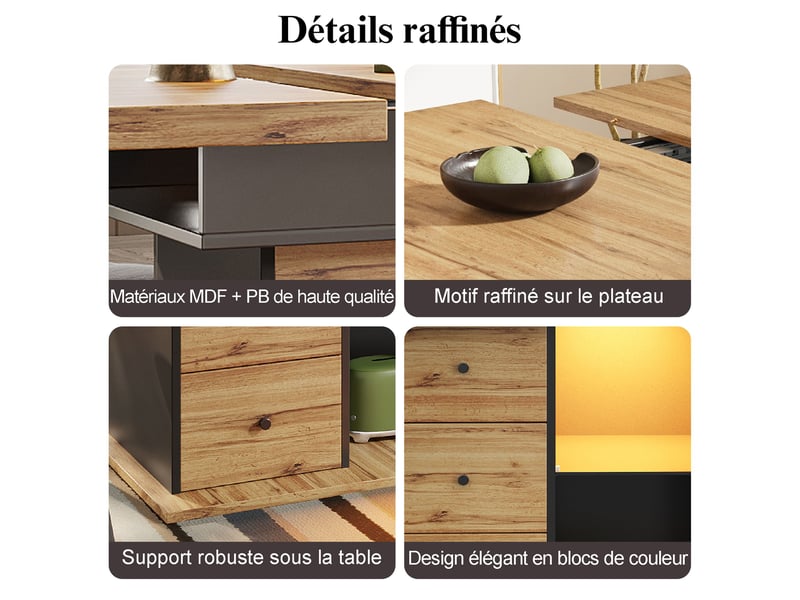  Table à manger extensible noir et naturel, 2 tiroirs, rangement, éclairage led, roulettes, pliable, solide - mdf - 110-140x80cm  - Conforama D