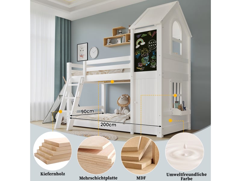  Lit superposé cabane 90 × 200 cm, blanc, pin et mdf, petite porte, tableau, fenêtres et toit, échelle 3 marches, lattes stables  - Conforama E