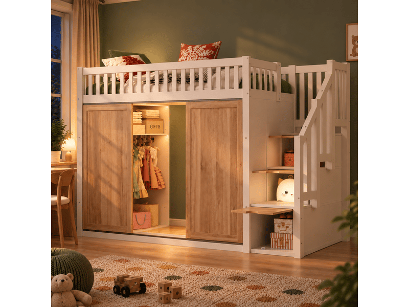 Lit mezzanine enfant 200×90 cm avec armoire, escalier de rangement et éclairage multicolore, sans matelas, blanc et chêne - Conforama C