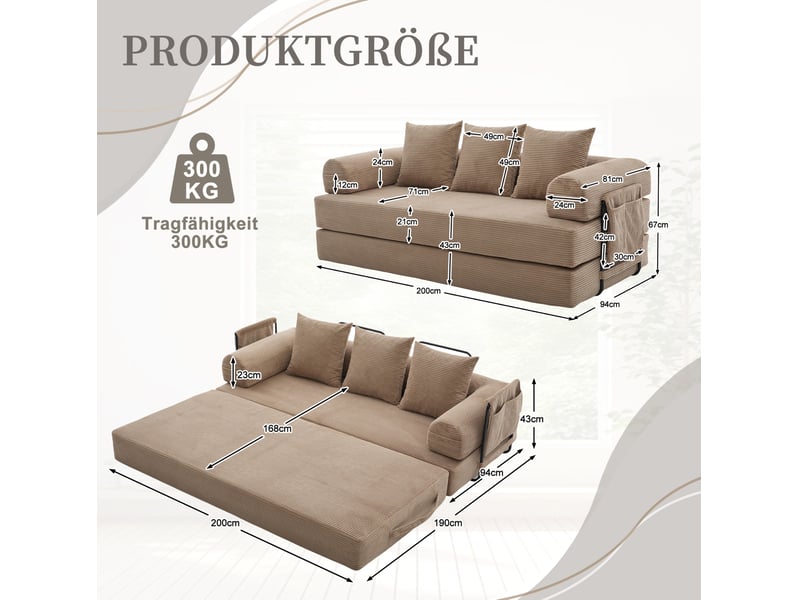  Canapé modulaire 3 places à configuration libre avec poche latérale et 3 coussins, en velours côtelé kaki  - Conforama C