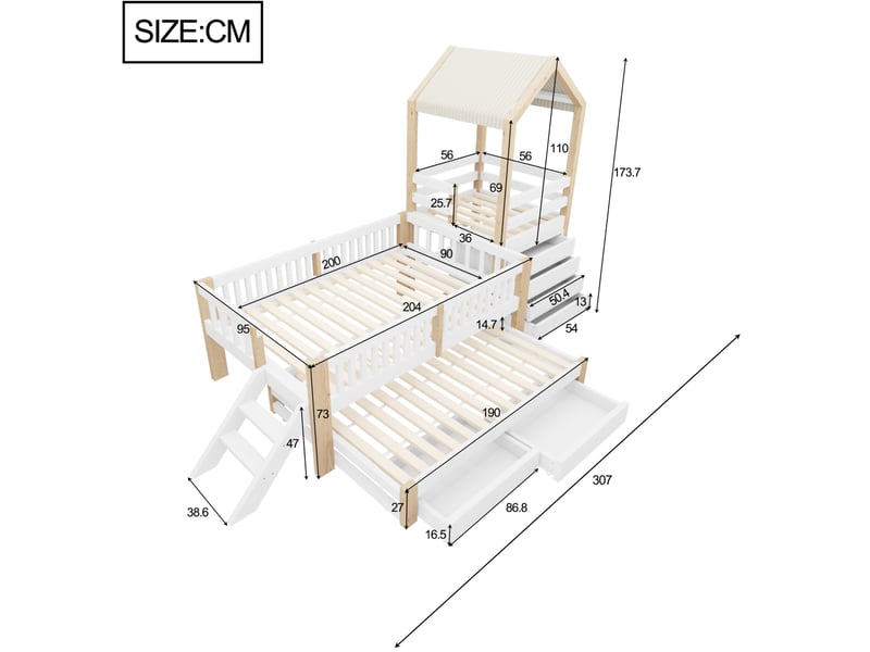  Lit cabane gigogne 90 × 200 et 90 × 190 cm, 4 tiroirs, escalier, sans matelas, bois massif blanc naturel  - Conforama D