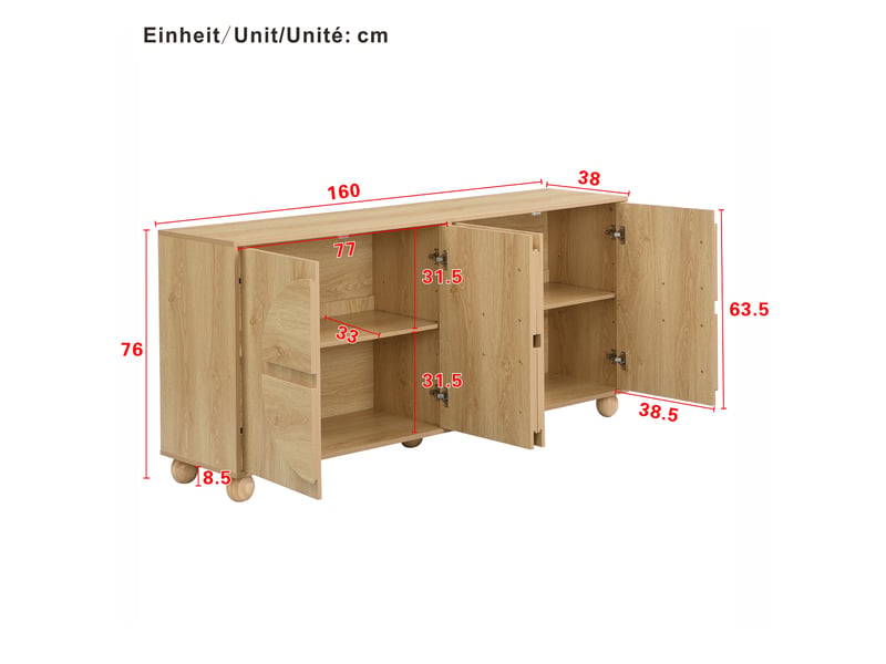 Buffet bas 4 portes 160 x 38 x 76 cm, étagères réglables, mdf et pin naturel - Conforama C