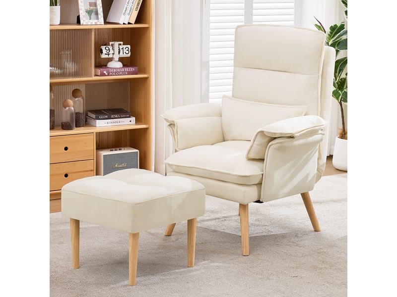  Fauteuil relax, fauteuil de salon – dossier réglable, pieds bois, avec accoudoirs, avec repose-pieds, beige  - Conforama D