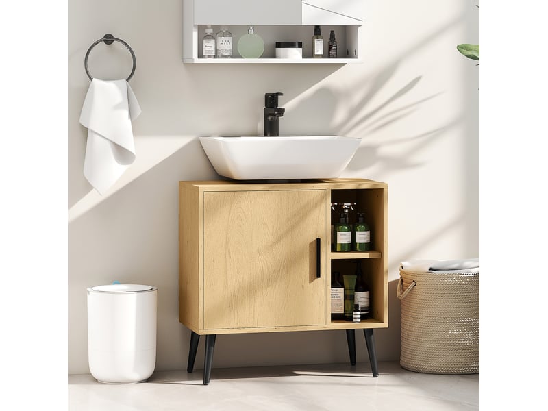  Meuble sous lavabo salle de bain avec porte à fermeture progressive et étagère réglable, 60 x 30 x 59,5 cm, chêne  - Conforama D