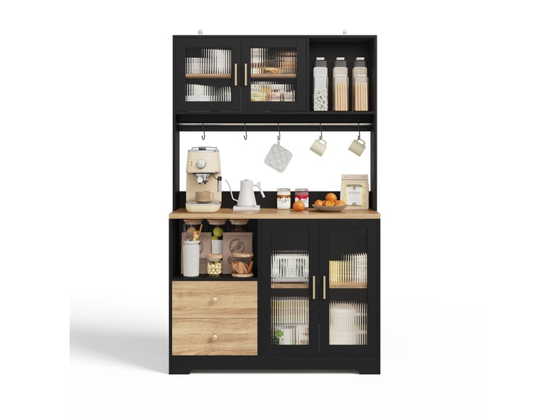  Meuble de cuisine muvano avec vitrine et led rgb, noir et effet bois, 110 × 40 × 178 cm  - Conforama A