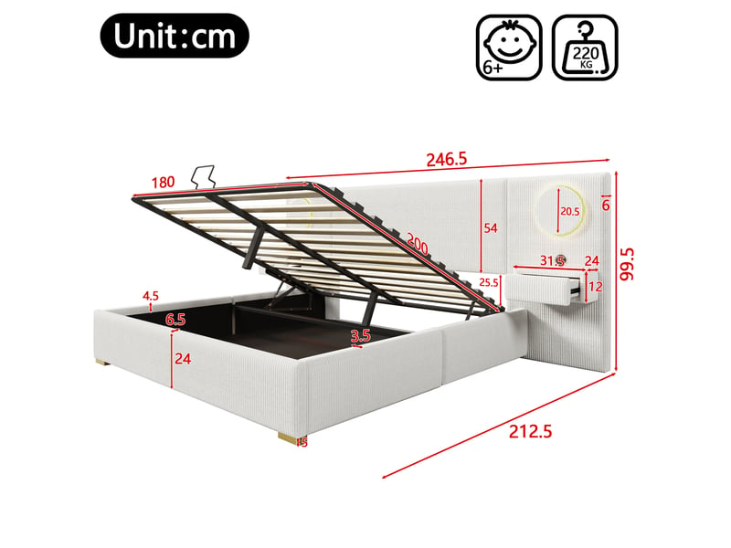  Lit double 180 × 200 cm coffre hydraulique avec led et prises usb, tête de lit rembourrée en velours beige pour chambre  - Conforama C