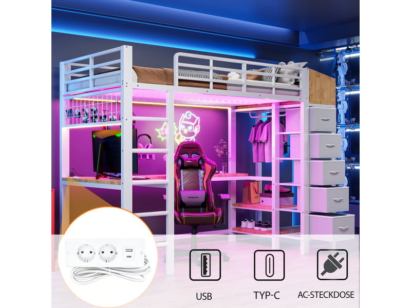  Lit mezzanine 140x200 cm, lit combiné, tiroirs de rangement, bureau intégré, penderie, éclairage led, ports usb et type-c, métal blanc OPULERANE TRADING LTD - Conforama E