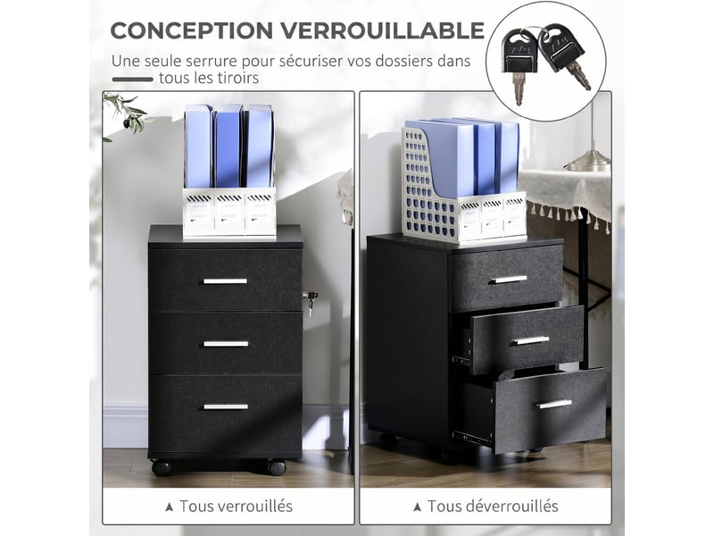  Caisson de bureau rangement bureau sur roulettes 3 tiroirs verrouillables noir 40 x 40 x 61,5 cm  - Conforama A
