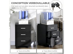 Caisson de bureau rangement bureau sur roulettes 3 tiroirs verrouillables noir 40 x 40 x 61,5 cm
