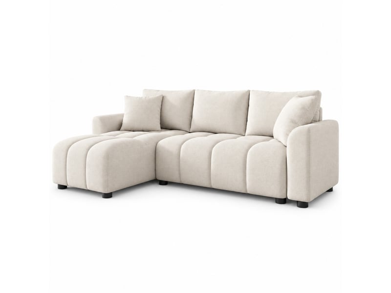  Canapé d’angle modulable, 3 places, avec 2 coussins et coffre de rangement beige en chenille  - Conforama A