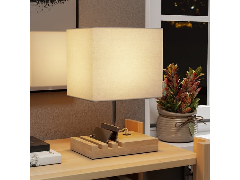  Lampe de chevet,25x20x40,5 cm,meulva,avec ports usb-a et usb-c,bois et tissu,blanc  - Conforama B
