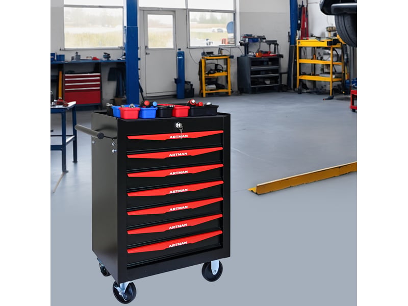  Armoire à outils mobile 7 tiroirs 60 x 33 x 77,5 cm noir et rouge, acier avec roulettes et serrure  - Conforama B