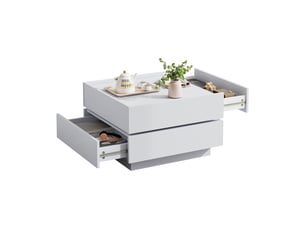 Table basse 2 tiroirs, plateau pivotant à 360 degrés, rebords de sécurité, panneau de particules blanc 60×60×38 cm