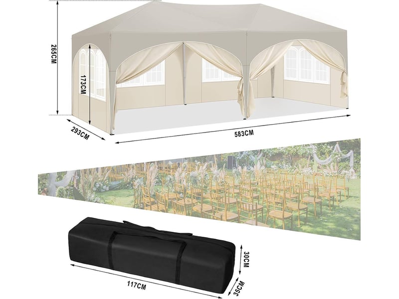 Gazebo pliable 3x6 m avec 6 parois, hauteur réglable, protection uv, sac de transport - Conforama C