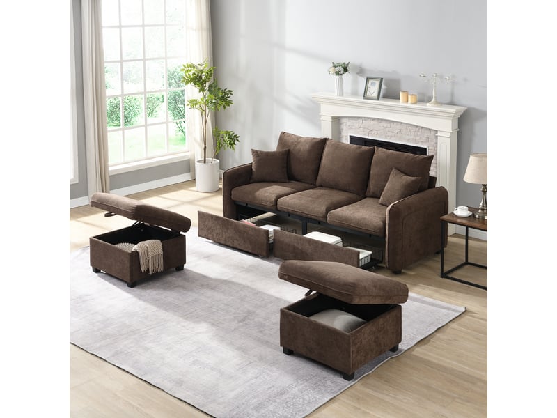  Canapé d'angle modulable 3 places en tissu chenille, 2 poufs à rangement, convertible en l ou en lit  - Conforama W