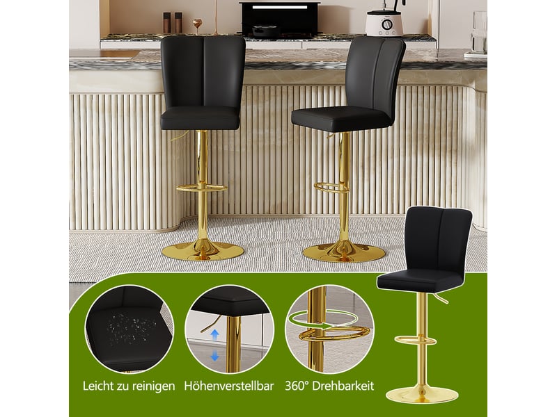  Tabourets de bar 95,5-117,5 cm lot de 2, réglables, pivotants 360°, métal et pu, pour salon, cuisine, bar, noir et or  - Conforama E