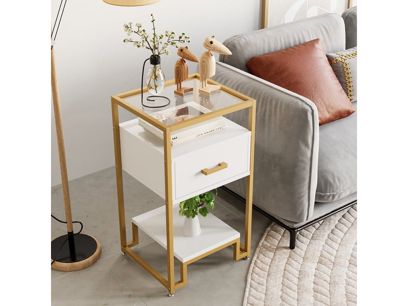  Table basse moderne 3 niveaux, tiroir bois, verre trempé, cadre acier robuste, salon chambre, montage facile, blanc, PHO_0XXNV5U2 - Conforama E