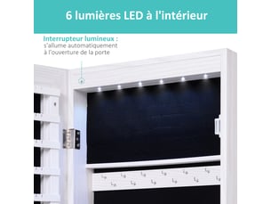 Armoire à bijoux suspendue au mur ou à la porte avec miroir, led, 5 étagères, 2 tiroirs, effet bois grisé, 37x10x120cm