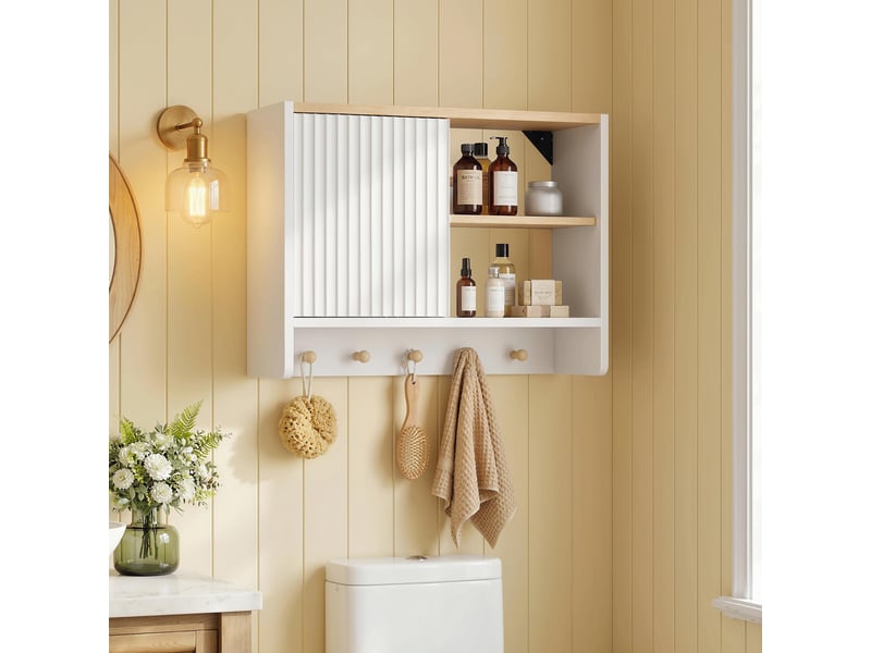  Armoire murale de salle de bain 60 cm, porte magnétique, 2 étagères et 5 crochets  - Conforama C