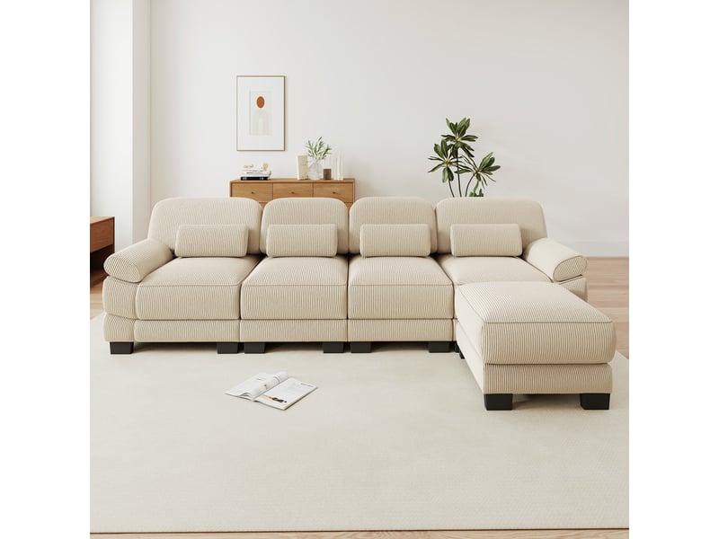  Canapé d'angle modulable - 4 places - forme l - 1 ottoman - assise profonde - velours côtelé - mobilier de salon - beige CozyNest - Conforama B
