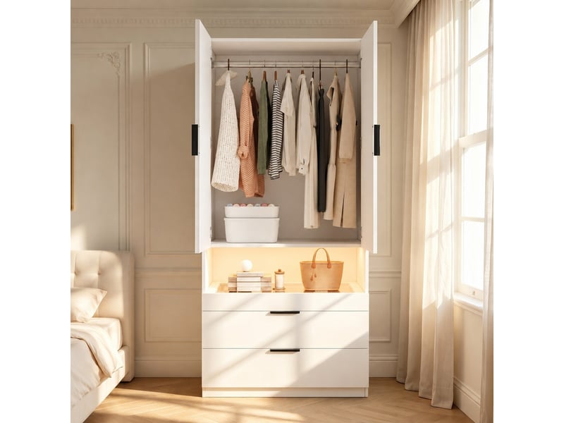  Armoire lumineuse avec tiroir à bijoux, 90 x 50 x 200 cm, portes battantes, 1 tringle, tablette en verre et 3 tiroirs, blanc  - Conforama D