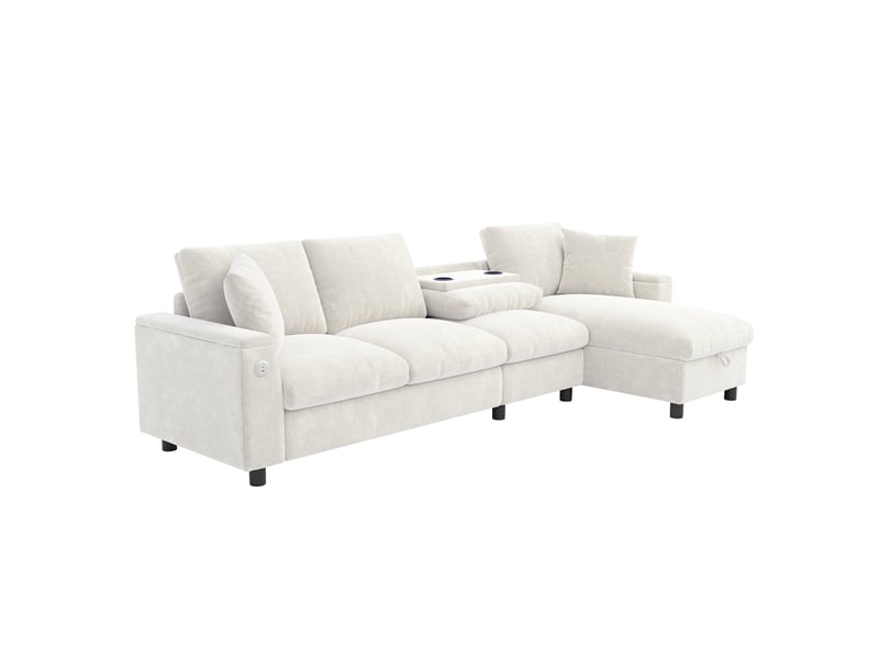 Canapé 4 places modulable en chenille beige avec ports usb  - Conforama A