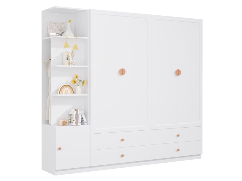  Armoire chambre 225x45x200 cm, grande penderie dressing modulable, avec 3 tringles et 4 tiroirs, bois massif mdf et acier, blanc  - Conforama D
