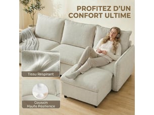 Canapé d'angle gauche fixe 3 places Tissu beige avec coffre de rangement