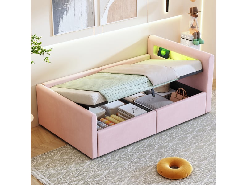  Lit enfant simple 90x200 cm en velours avec coffre, led, usb et dossier réversible, rose  - Conforama C