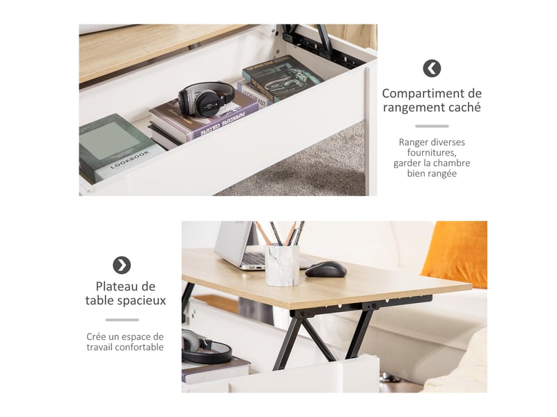  Table basse relevable, table de salon avec compartiment caché, style moderne, pour salon, bureau, 100x50x45cm, blanc  - Conforama E