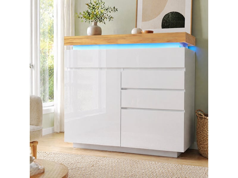 Buffet haut blanc brillant avec led, 2 portes et 3 tiroirs, 110x39x115 cm - Conforama B
