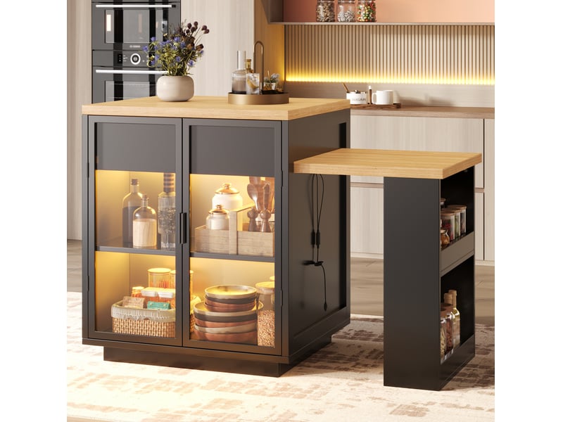  Îlot central table repas extensible 122-194,5x70x94 cm, vitrine double porte+tiroir, led app usb, mdf métal noir  - Conforama B