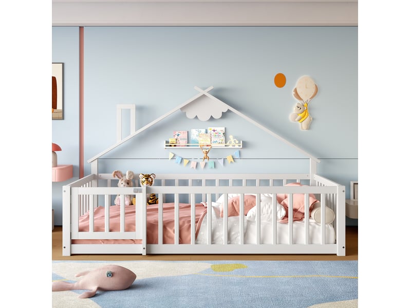  Lit cabane enfant 90x190 cm avec barrière de sécurité bois blanc sans matelas  - Conforama B