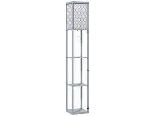 Lampadaire avec étagères 3 compartiments ouverts panneaux de particules robustes finition mélaminée facile d’entretien gris clair interrupteur à tirette lumière chaude et douce