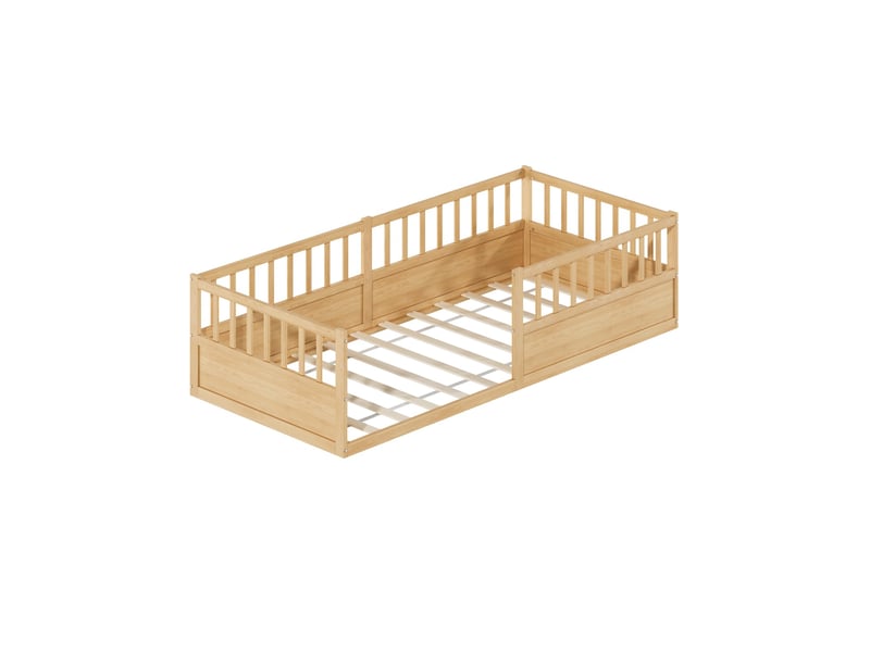  Lit enfant 90x200 cm-lit  au sol 90x200 cm - avec barrières de sécurité et sommier à lattes- bois de pin- naturel  - Conforama A