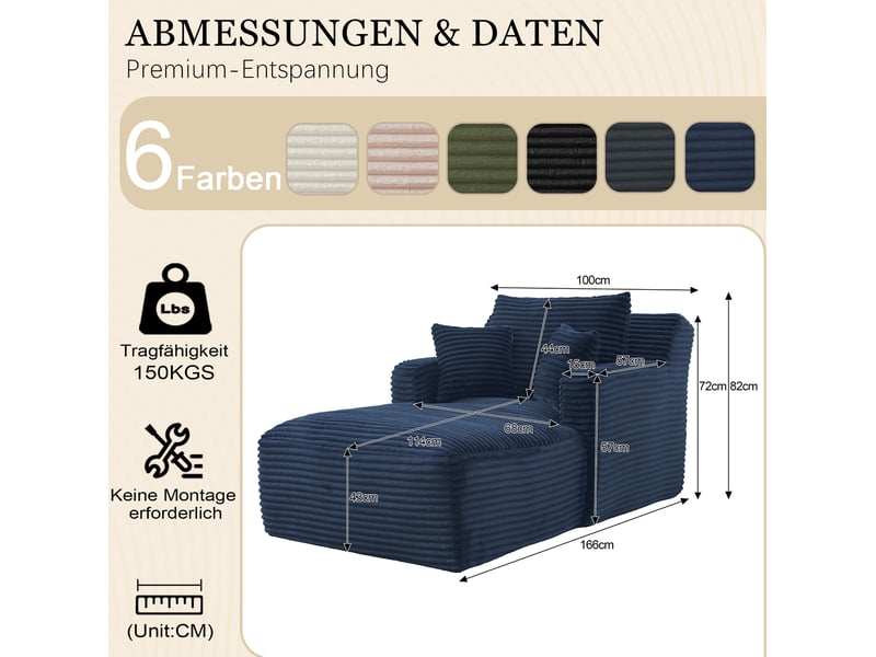  Méridienne convertible avec assise confortable, usage polyvalent et sans montage, en velours côtelé bleu  - Conforama D