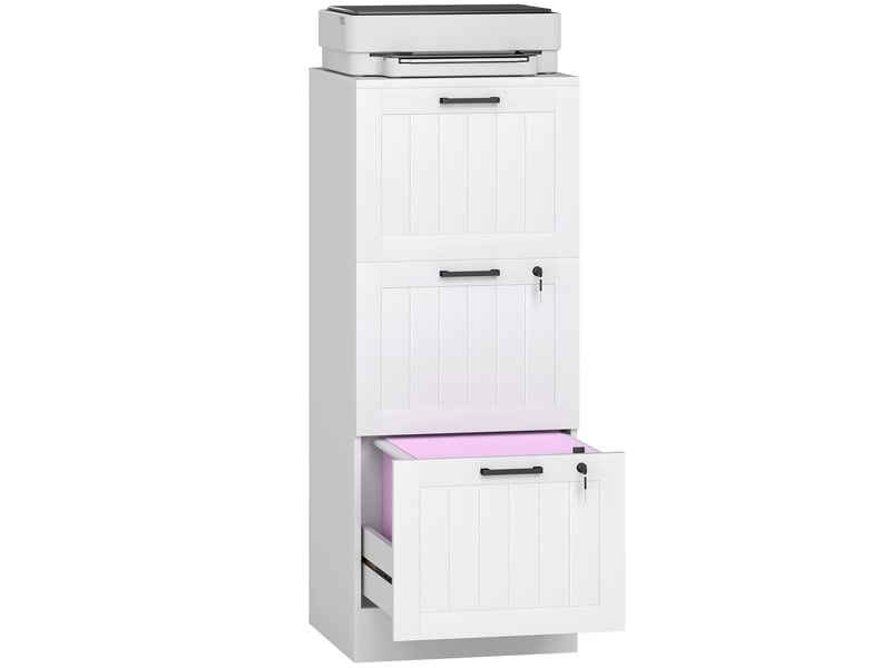  Caisson bureau, meuble rangement bois 3 tiroirs et serrure, barres de suspension réglables, 40 x 40 x 101 cm, blanc  - Conforama A