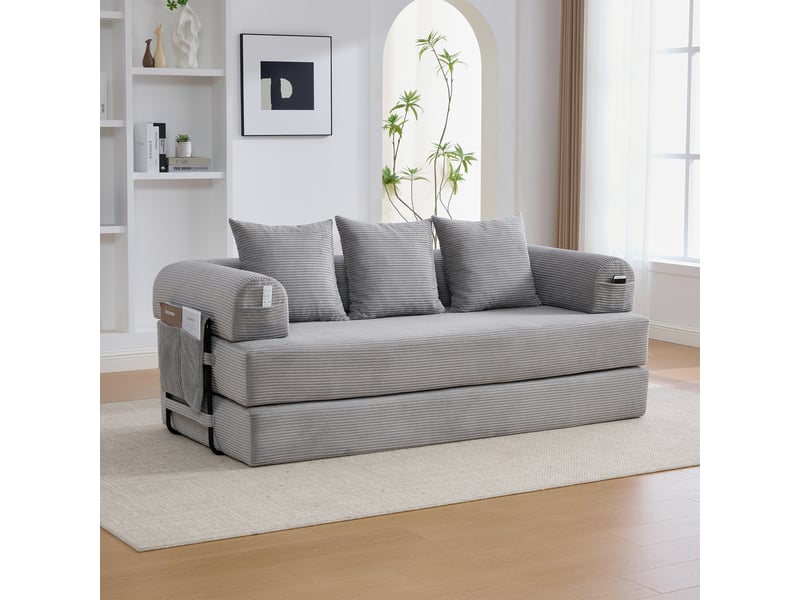 Canapé lit pliant 3 places modulable avec poche latérale et 3 coussins - velours côtelé, gris clair - Conforama B