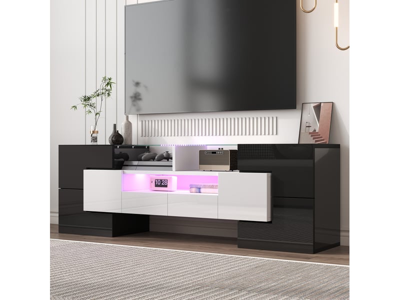  Meuble tv bas 145 x 30 x 51 cm, led multicolore, mdf blanc brillant  - Conforama B