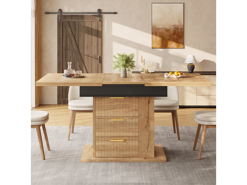  Table à manger extensible 110-140x80x75cm effet bois, 2 tiroirs, étagère latérale à 3 niches ouvertes et poignées dorées, au quotidien, modulable  - Conforama C