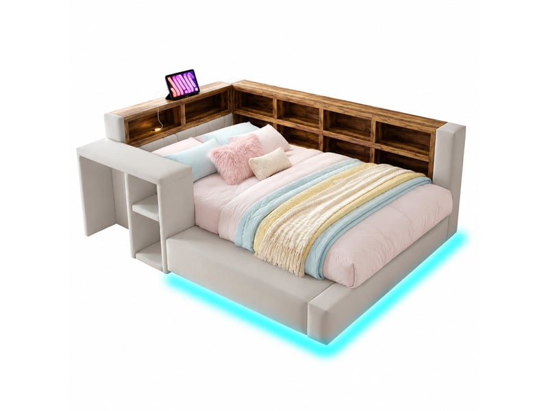Lit avec tête de lit rembourrée 90 x 200 cm, avec fond plat, avec lumières led, prises intégrées, table de chevet, banquette intégrée, gris clair - Conforama A