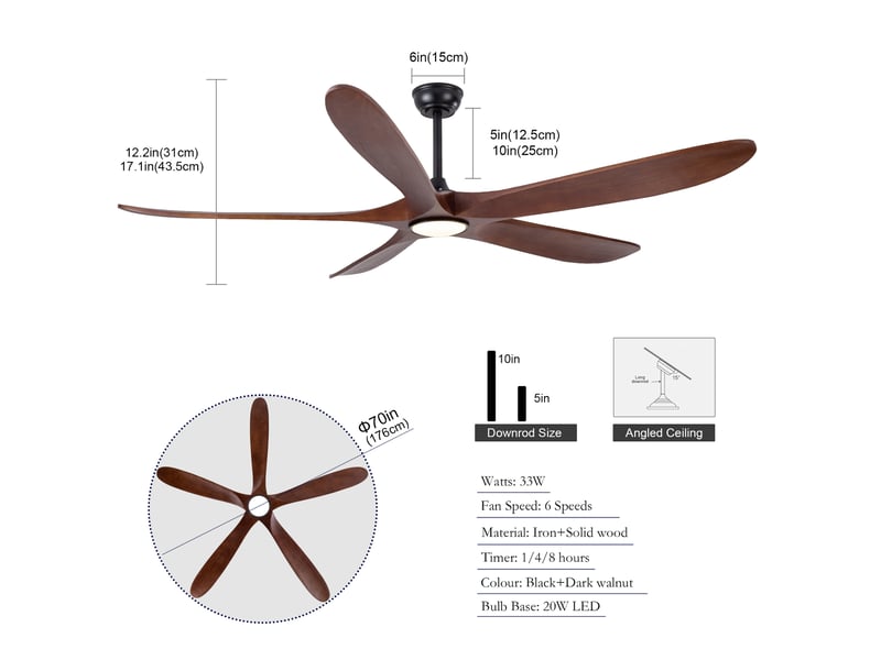  Ventilateur de plafond 176 cm éclairage led 3 couleurs dimmable 5 pales bois massif noyer et noir 6 vitesses télécommande silencieux  - Conforama E