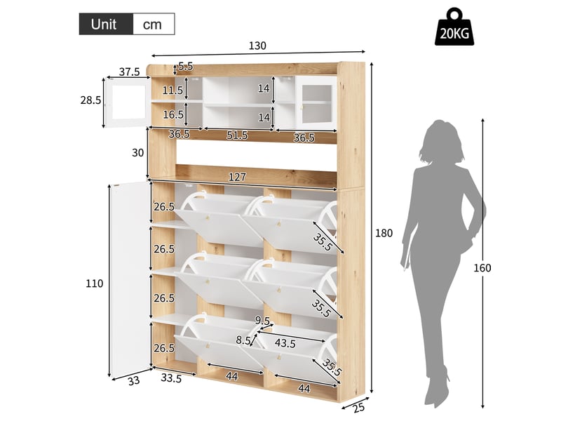  Meuble à chaussures 130x25x180 cm blanc naturel en panneau de particules, 6 compartiments basculants, led et verre  - Conforama C