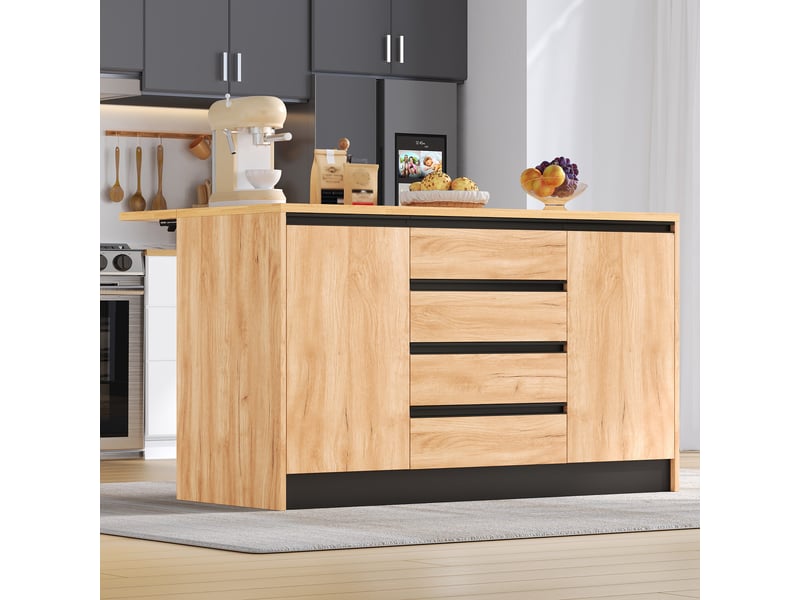  Îlot central cuisine 140 cm avec plan de travail rabattable de 50 à 80 cm, effet bois naturel  - Conforama D