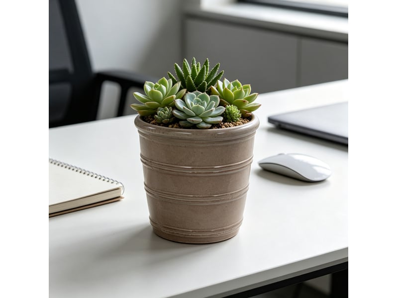 Pot de fleurs en céramique ø 24 cm – taupe – glaçure brillante à rainures horizontales, avec drainage - Conforama B