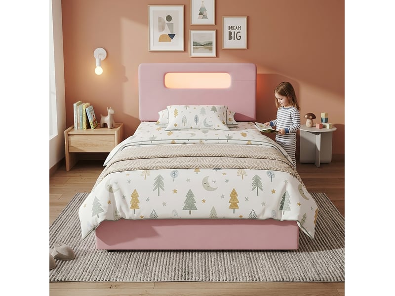 Lit simple enfant 90x200 cm – rose – 4 tiroirs, rangement tête de lit et led contrôlée par application - sans matelas - Conforama B