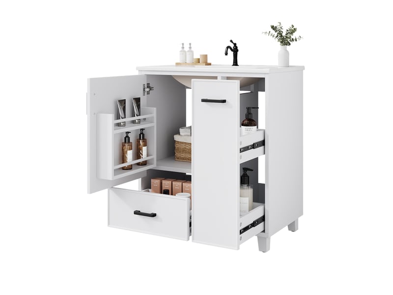  Meuble sous vasque sur pieds avec 1 porte, 2 tiroirs et vasque en céramique pour salle de bain blanc 76,5 × 47 × 82 cm  - Conforama A