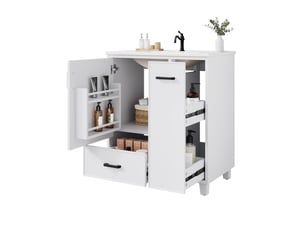 Meuble sous vasque sur pieds avec 1 porte, 2 tiroirs et vasque en céramique pour salle de bain blanc 76,5 × 47 × 82 cm