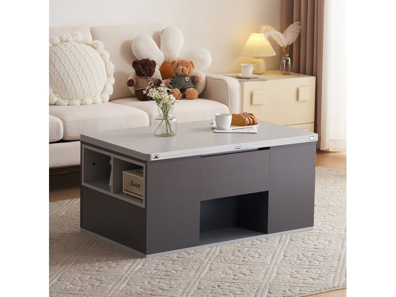  Table basse relevable ulevr 100 x 51 x 47 cm, plateau 2-en-1 avec rangement, panneau de particules gris foncé et gris clair  - Conforama E