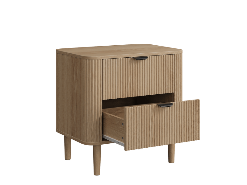  Table de chevet 57 x 40 x 57 cm en mdf bois clair, 2 tiroirs rainurés, style scandinave moderne, rangement pratique  - Conforama A
